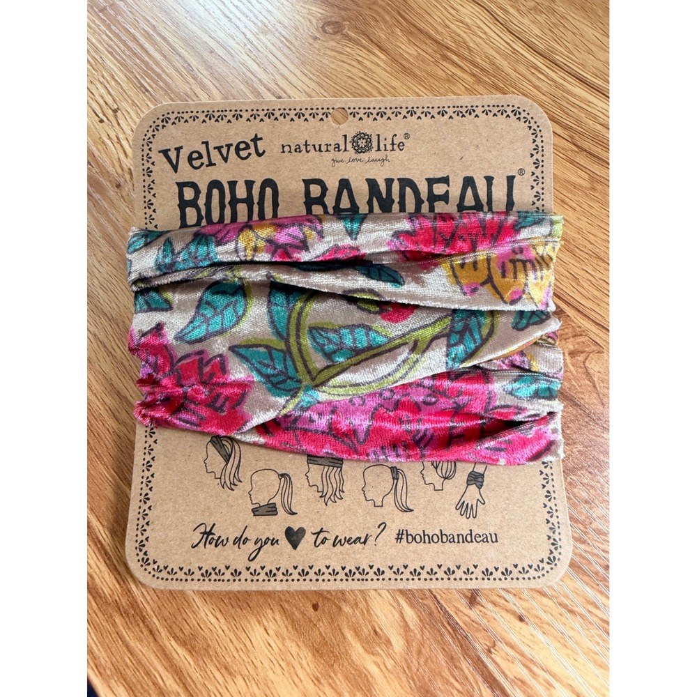 Natural Life Velvet Boho Bandeau Floral Headband Multi-way Wrap Taupe Pink OS